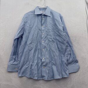 Eton Contemporary Dress Shirt Men 44 17.5 Blue Houndstooth Business Button Up